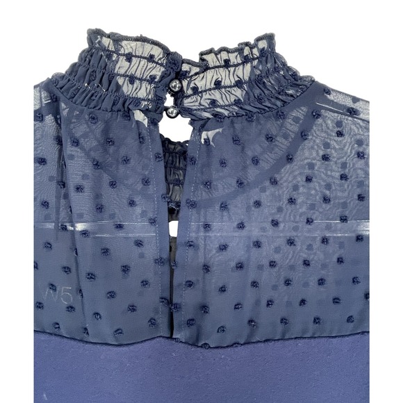 W-5 Navy Blue Sheer Swiss Dot Mock Neck Long Sleeve Blouse M Office Teacher - Picture 4 of 9